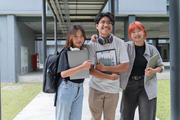 Three cheerful university students are walking together on campus, carrying laptops, tablets, and documents, showcasing their camaraderie and academic pursuits