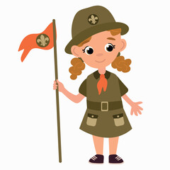Cartoon Girl Scout Holding a Flag