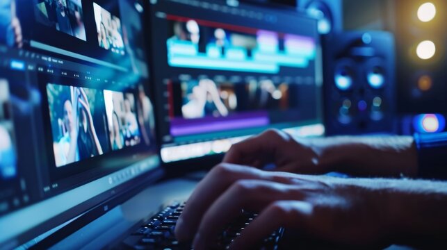 Focused video editor edits footage on multiple screens in dimly lit room, working on color grading, sound design, and visual effects to meet client's deadline