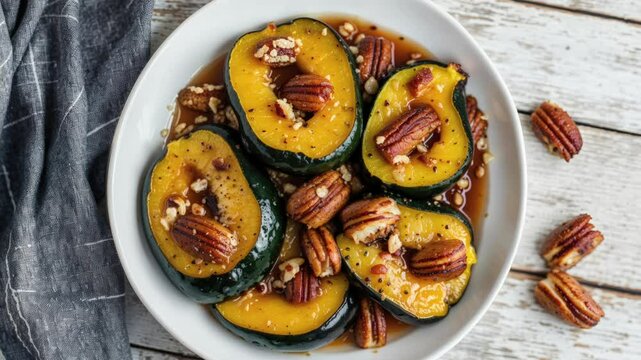 Delicious Roasted Acorn Squash with Pecans on Rustic Wooden Table