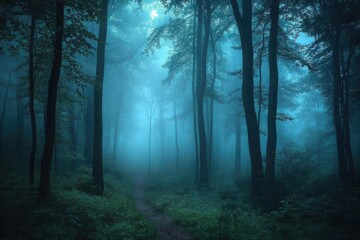 Fototapeta premium A Mystical Path Through a Foggy, Blue-Hued Forest
