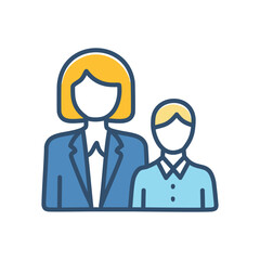 Woman and child icon. Professional female and young boy, symbolizing mentorship, guidance, or family support.