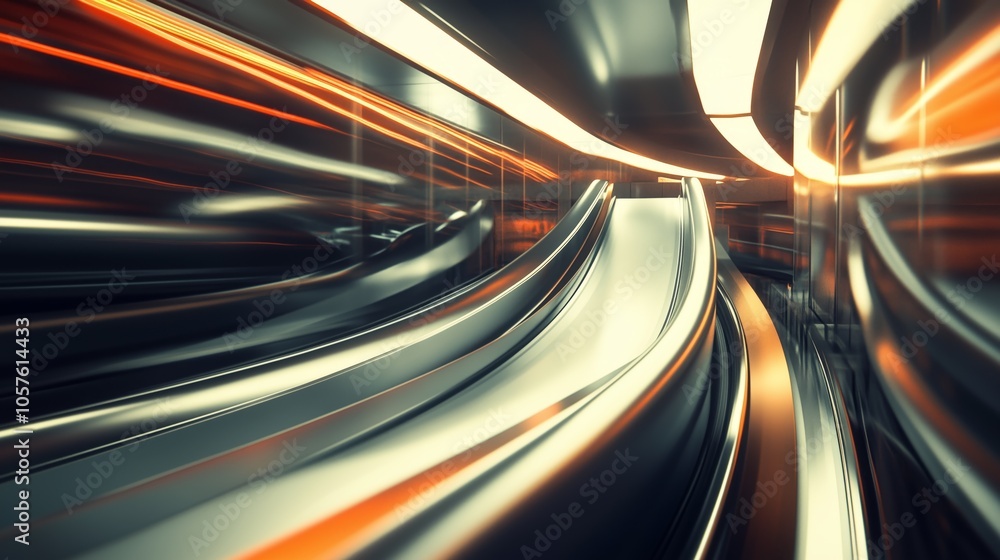 Poster empty escalator moving in modern building with orange lights reflecting on metal surface, creating d
