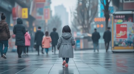Young girl is walking down a street in the rain
