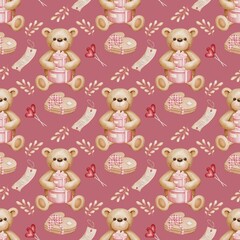 Naklejka premium Seamless pattern on the theme of St.Valentines day with watercolor Teddy bear, gift boxes, love notes, heart shaped candies and branches on the dusty pink background, perfect for textile, wrapping