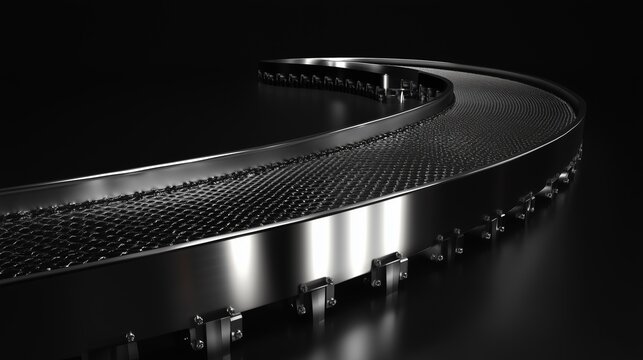 Metallic conveyor belt turning on itself on a dark background, representing manufacturing, automation, and industrial processes