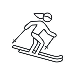 Obraz premium Woman skiing downhill. Active winter sport; downhill skiing; freedom; speed; snowy mountain adventure.