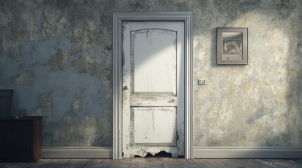Sunlight illuminates a weathered white door in a decaying room, highlighting the grunge textured wall and adding to the atmosphere of neglect and abandonment