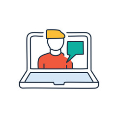 Online chat support. Person on laptop screen, offering help.  Friendly virtual assistance.