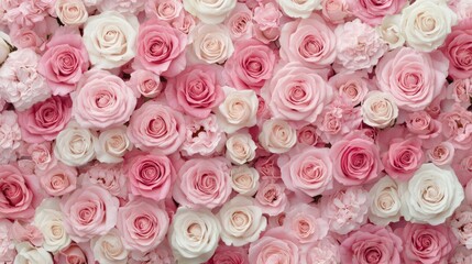 A romantic setting featuring pink roses and petals on a cozy bed adorned with soft lighting © ArtCookStudio