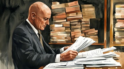 Watercolor Painting of a Bald Man Reading Documents in a Library