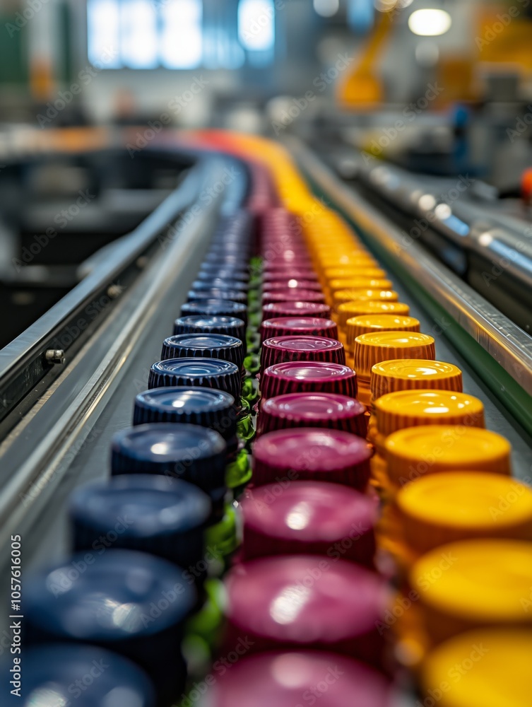 Poster colorful plastic bottle caps are moving on an automated conveyor belt, undergoing quality control in