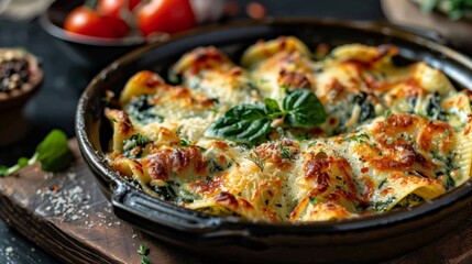 spinach and ricotta stuffed pasta shell on a dark ceramic dish