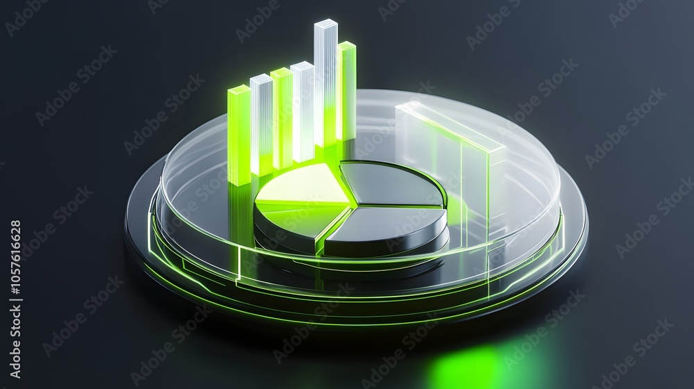 Poster cute isometric 3d image of 3d pie chart and bar chart in realistic metallic silver illuminated by ne