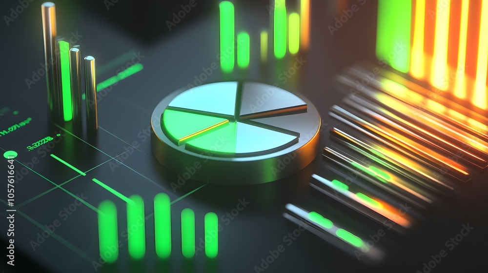 Poster cute isometric 3d image of 3d pie chart and bar chart in realistic metallic silver illuminated by ne