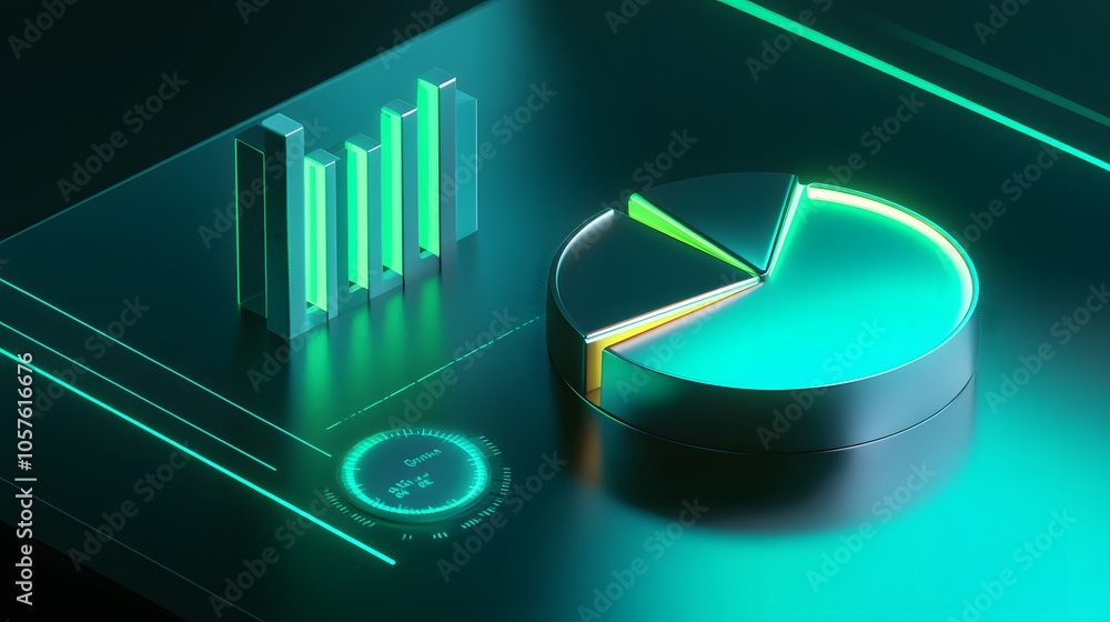 Poster cute isometric 3d image of 3d pie chart and bar chart in realistic metallic silver illuminated by ne