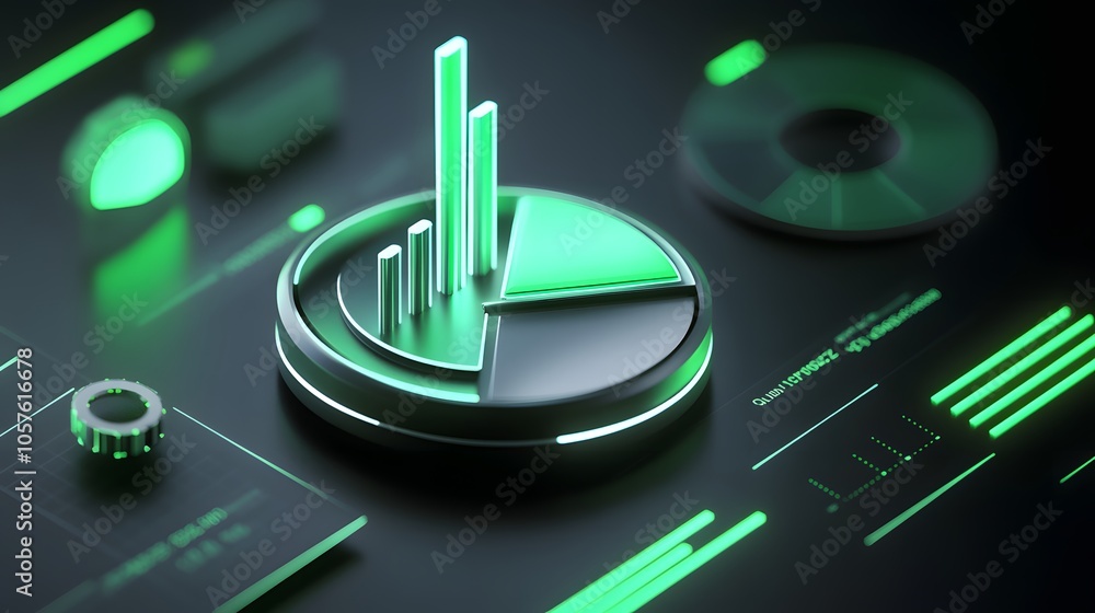 Poster cute isometric 3d image of 3d pie chart and bar chart in realistic metallic silver illuminated by ne