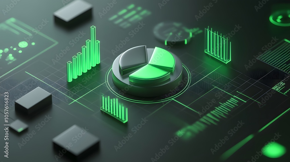 Poster 
Cute isometric 3D image of 3D pie chart and bar chart in realistic metallic silver illuminated by neon green. add floating, transparent charts and circular measurement tools. ensure perfect shapes an