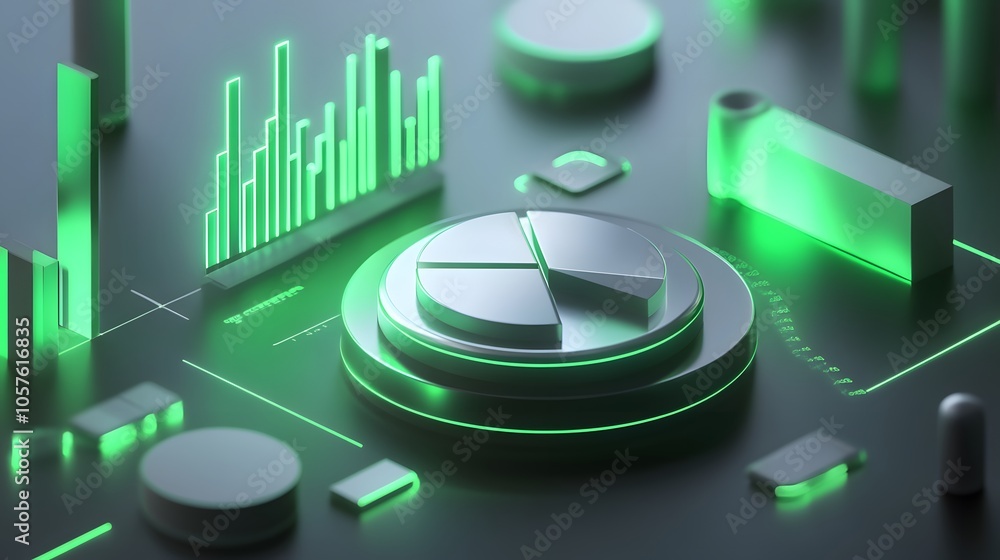 Poster cute isometric 3d image of 3d pie chart and bar chart in realistic metallic silver illuminated by ne