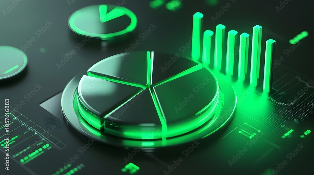 Poster cute isometric 3d image of 3d pie chart and bar chart in realistic metallic silver illuminated by ne