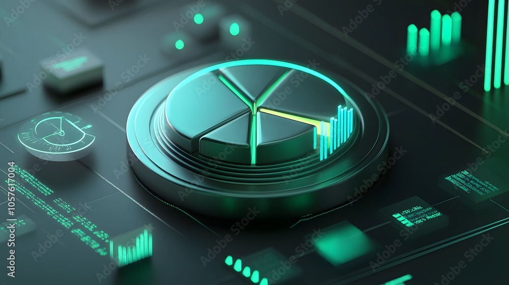 Poster cute isometric 3d image of 3d pie chart and bar chart in realistic metallic silver illuminated by ne