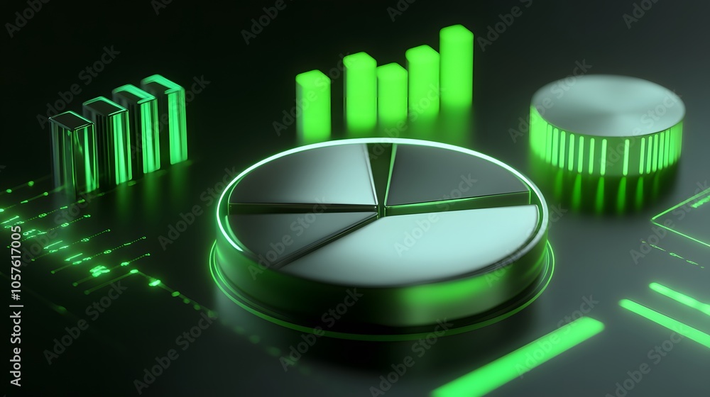 Poster cute isometric 3d image of 3d pie chart and bar chart in realistic metallic silver illuminated by ne