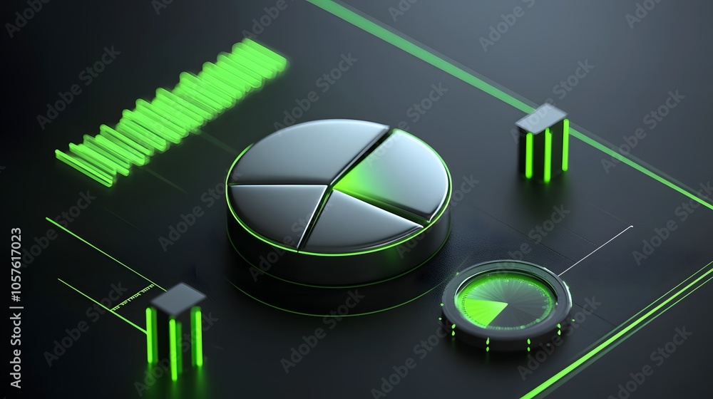Poster cute isometric 3d image of 3d pie chart and bar chart in realistic metallic silver illuminated by ne