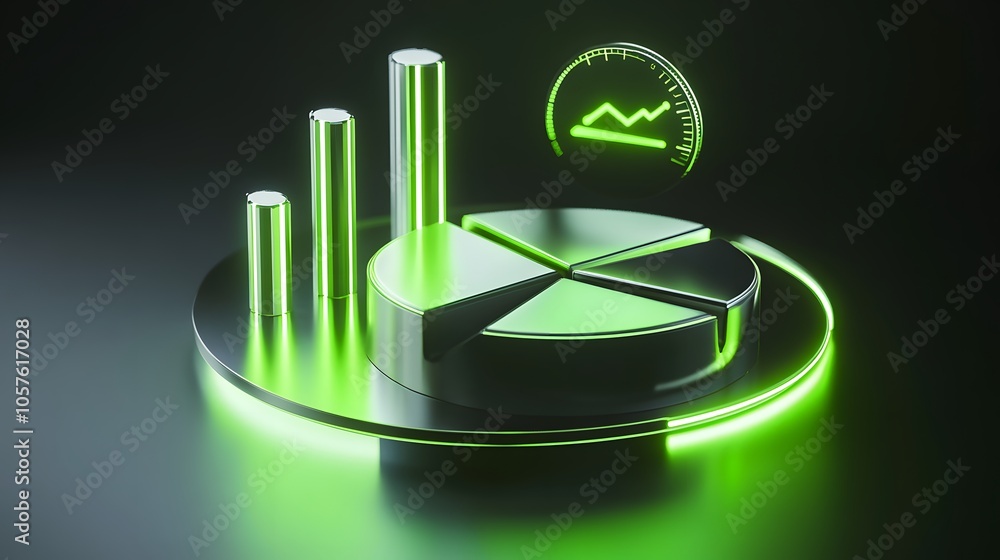 Poster cute isometric 3d image of 3d pie chart and bar chart in realistic metallic silver illuminated by ne