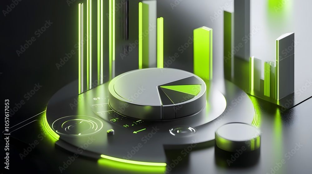 Poster cute isometric 3d image of 3d pie chart and bar chart in realistic metallic silver illuminated by ne