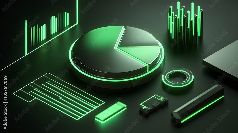 Poster 
Cute isometric 3D image of 3D pie chart and bar chart in realistic metallic silver illuminated by neon green. add floating, transparent charts and circular measurement tools. ensure perfect shapes an