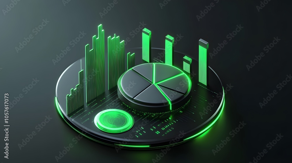Poster cute isometric 3d image of 3d pie chart and bar chart in realistic metallic silver illuminated by ne