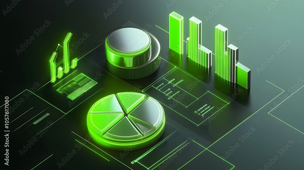 Poster cute isometric 3d image of 3d pie chart and bar chart in realistic metallic silver illuminated by ne