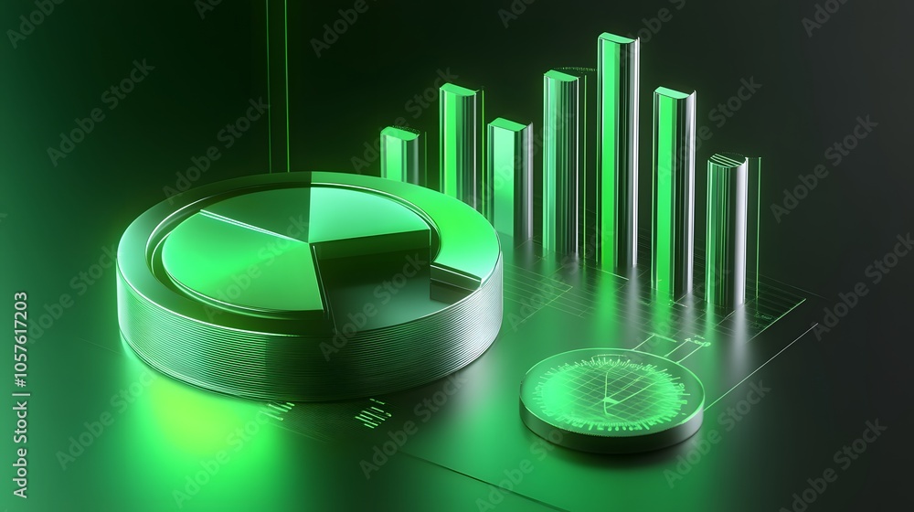 Poster cute isometric 3d image of 3d pie chart and bar chart in realistic metallic silver illuminated by ne