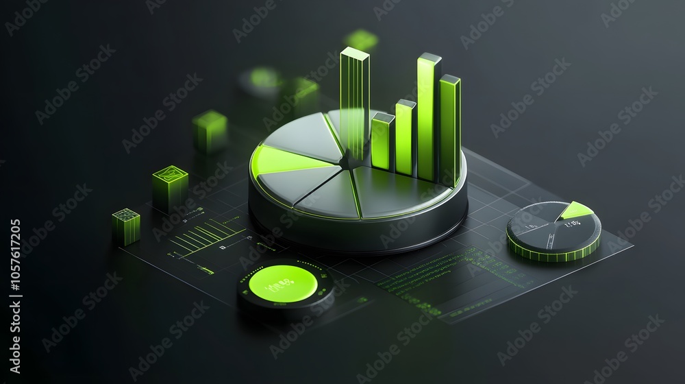 Poster cute isometric 3d image of 3d pie chart and bar chart in realistic metallic silver illuminated by ne