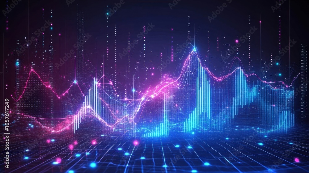 Poster vibrant digital sound waves and data visualizations glowing in neon colors against a dark backdrop