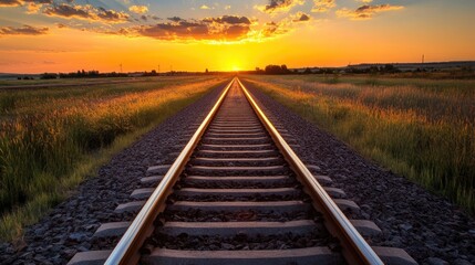 Fototapeta premium Sunset over vacant railroad tracks extending toward the horizon Selective focus Space available for text