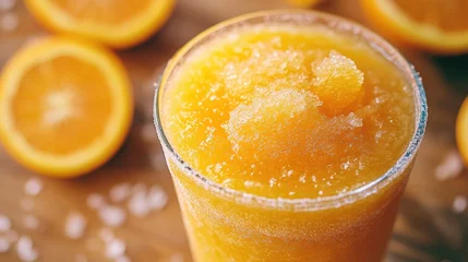Close up of a refreshing orange slushy in a glass set on a wooden surface
