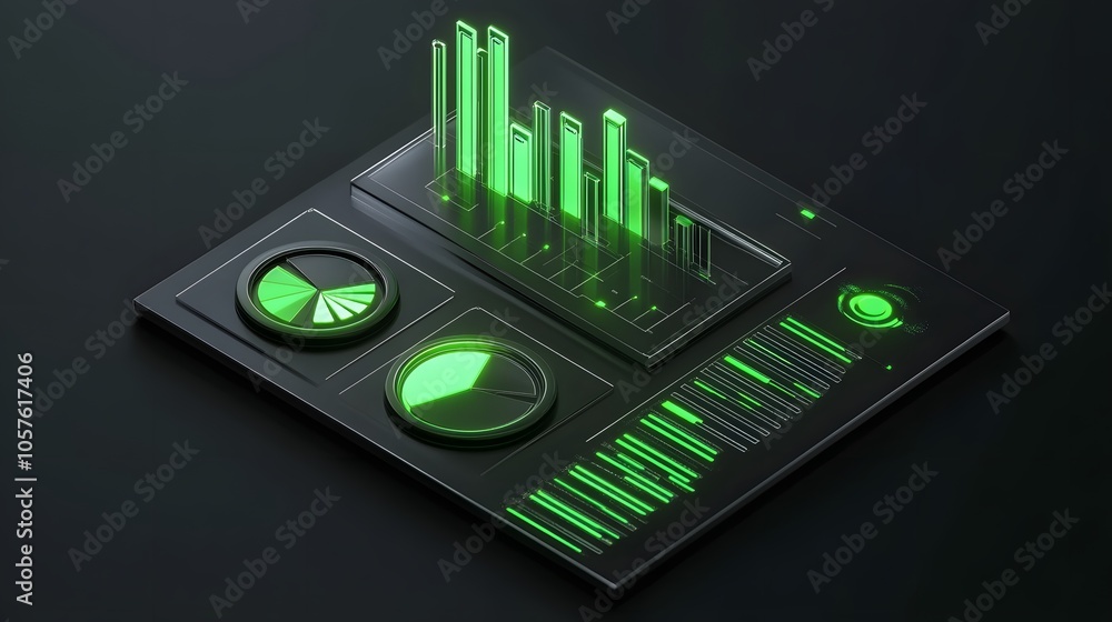 Poster cute isometric 3d image of 3d pie chart and bar chart in realistic metallic silver illuminated by ne