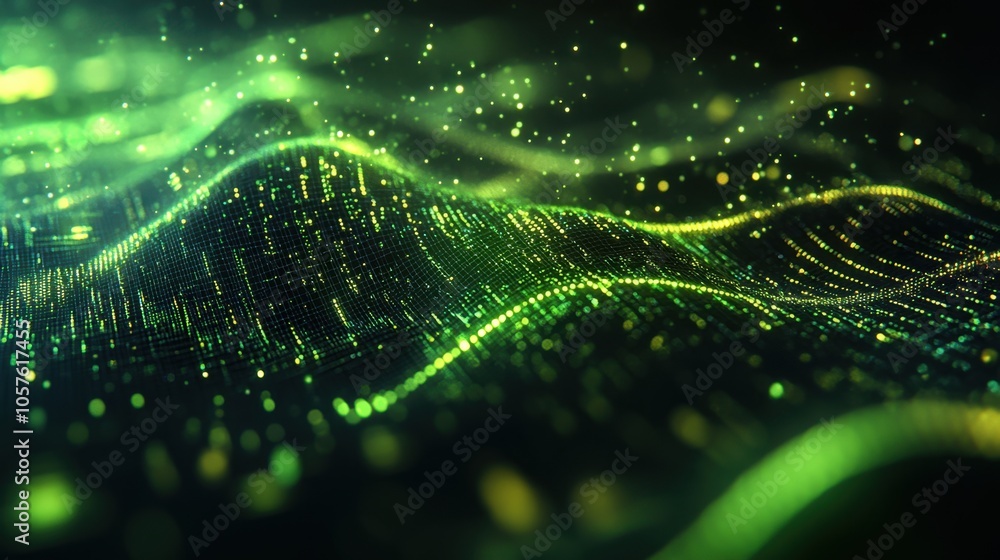 Poster mesmerizing green waves of digital data ebb and flow in an ethereal landscape of abstract technology