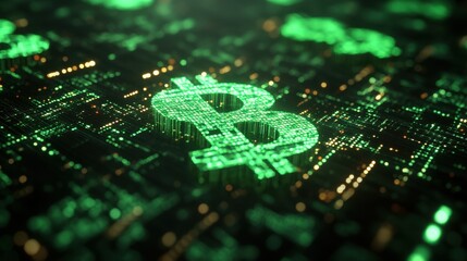 A digital representation of cryptocurrency trends in a futuristic cityscape illuminated by vibrant green lights