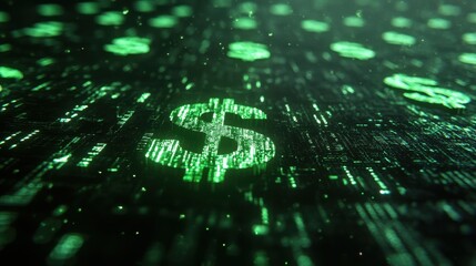 Illuminated dollar signs amidst a digital landscape filled with green binary data during a futuristic financial concept