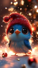 Obraz premium Blue bird wearing red hat standing on snowy ground with glowing lights in the background .