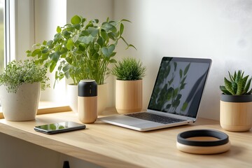 eco-friendly based technology representing office setup with laptop, smartphone and desk accessories with wooden finish