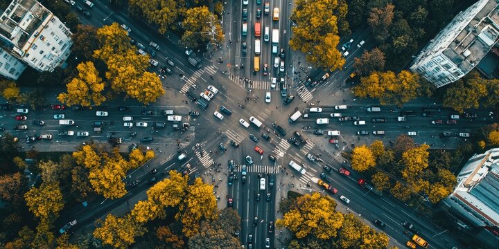 An aerial view of a busy intersection experiencing heavy traffic, with a significant number of vehicles in every direction