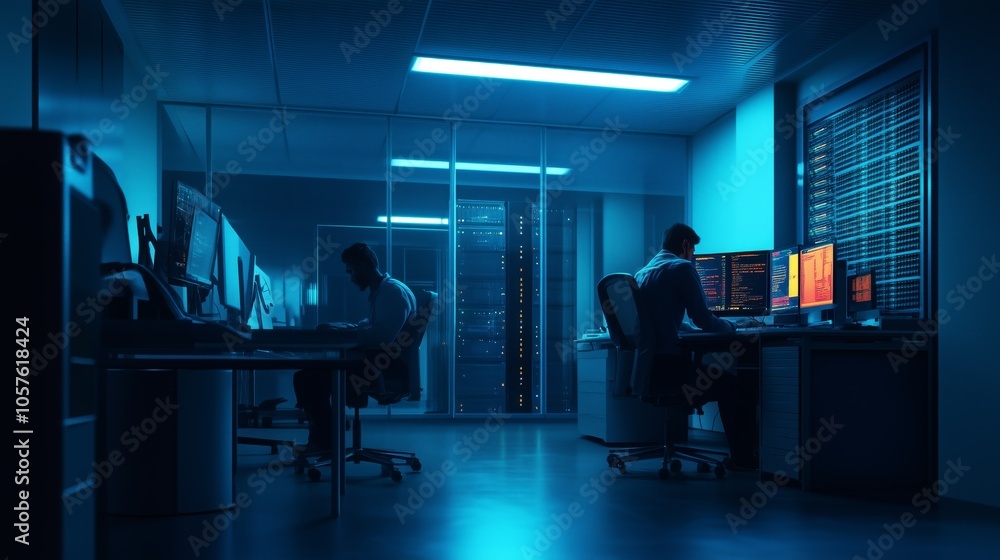 Poster two programmers are working late at night in a modern server room office, illuminated by blue light,