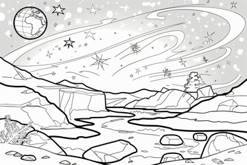 coloring page of Arctic landscape with aurora borealis, expertly enhanced sky phenomena and ice textures line art suitable for coloring book, clean black outlines on white