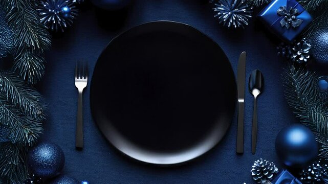 Elegant Blue Christmas Table Setting With Festive Decorations