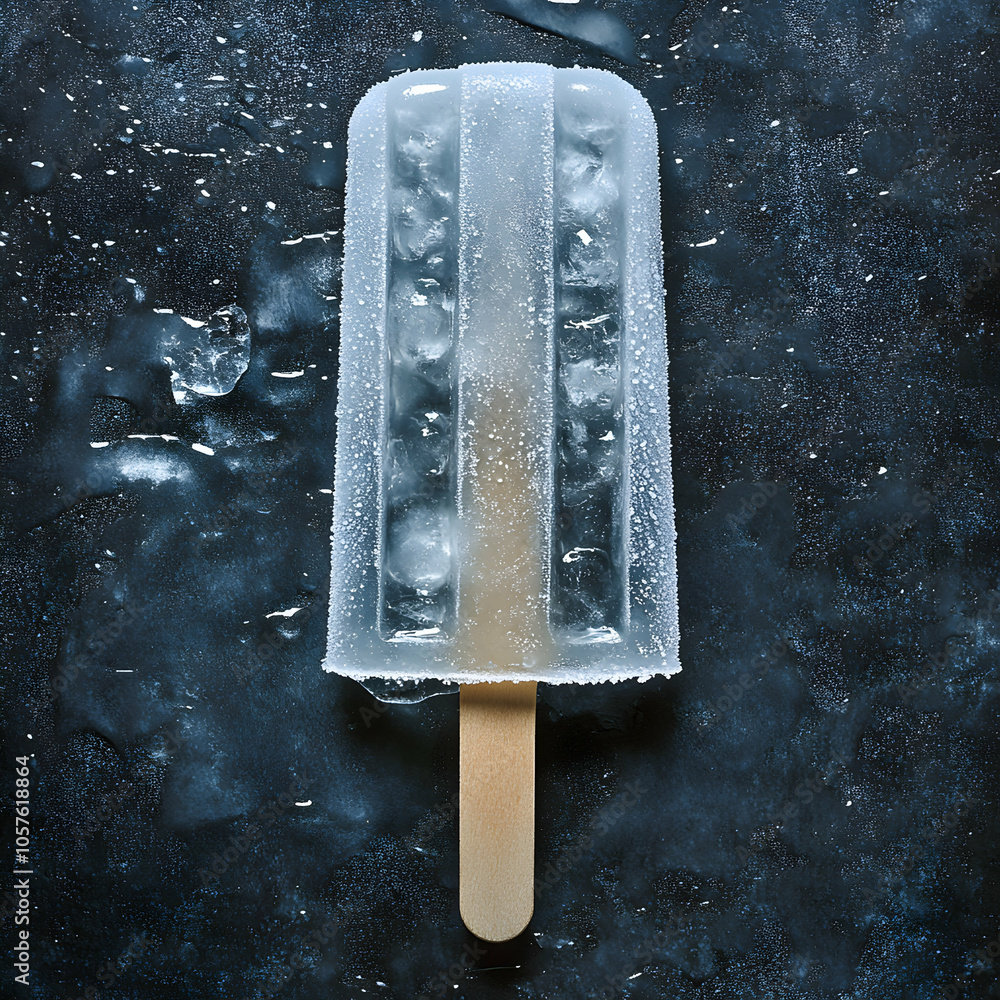 Poster high-quality close-up photograph of a colorful popsicle with frosty details against a soft backgroun
