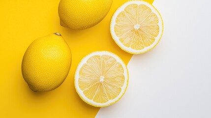 Lemon Halves On Split Color Yellow And White Background With Copy Space For Text