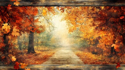 Autumn Forest Path with Wooden Frame   Fall Foliage  Nature Scenery